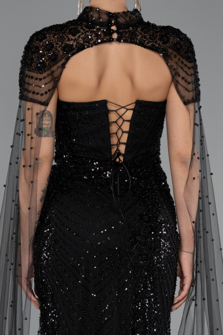 Abendkleid Lang Perlenbesetzt Schwarz ABU5363
