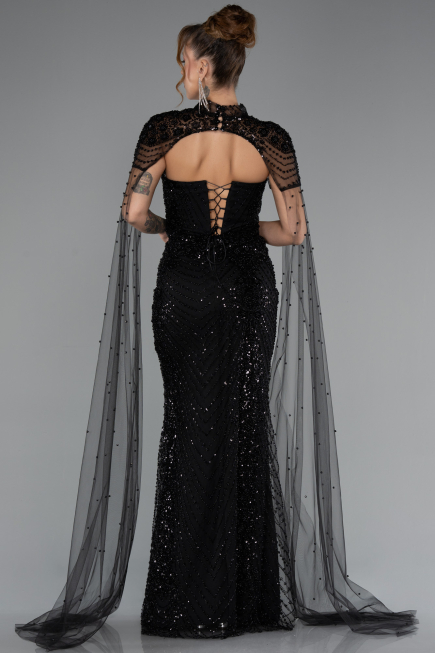 Abendkleid Lang Perlenbesetzt Schwarz ABU5363