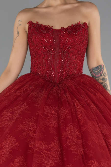 Designer Verlobungskleid Lang Spitze Rot ABU5375