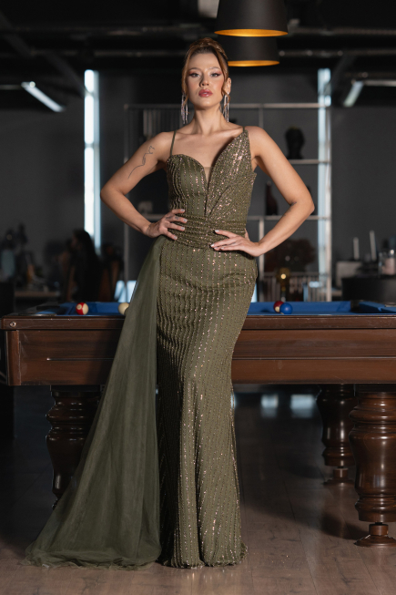 Abendkleid Lang Perlenbesetzt Khaki ABU5297