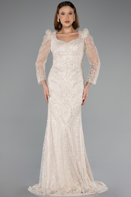 Abendkleid Lang Perlenbesetzt Beige ABU5387