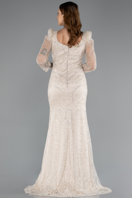 Abendkleid Lang Perlenbesetzt Beige ABU5387