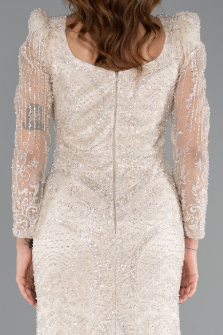 Abendkleid Lang Perlenbesetzt Beige ABU5387