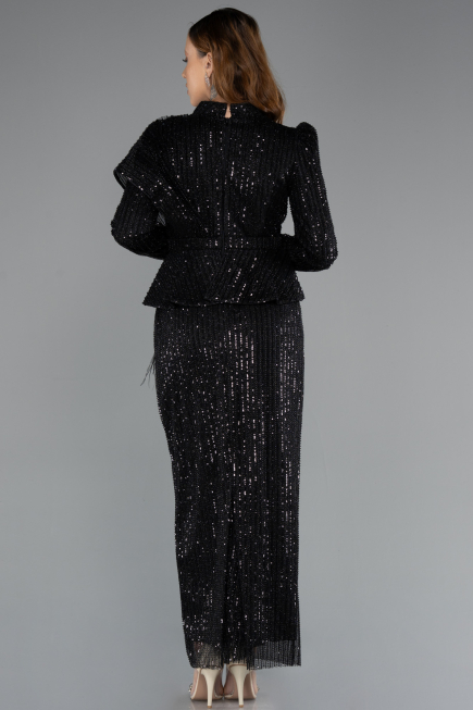 Schwarz Hijab-Abendkleid Lang ABK2346