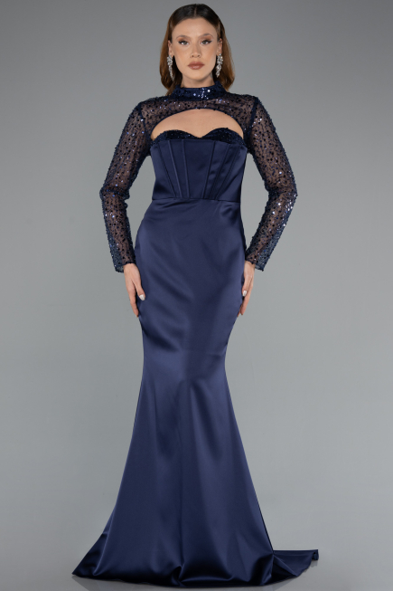 Abendkleid Lang Satin Marineblau ABU4765