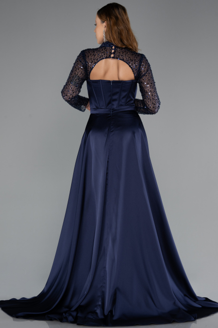 Abendkleid Lang Satin Marineblau ABU4765