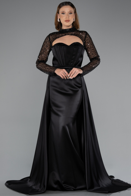 Abendkleid Lang Satin Schwarz ABU4765