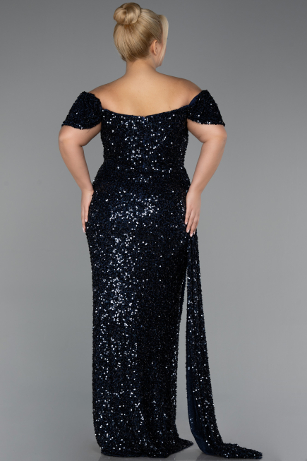 Marineblau Abendkleid İn Übergröße Schuppig Lang ABU4863