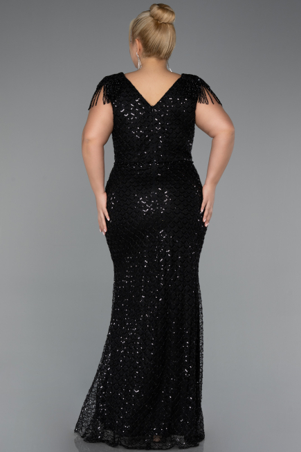 Abendkleid in Übergröße Lang Perlenbesetzt Schwarz ABU5367