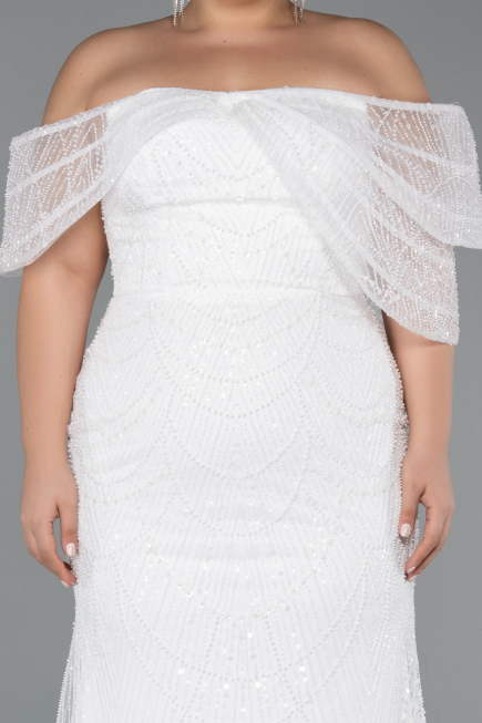 Brautkleid In Übergröße Lang Perlenbesetzt Weiß ABU5372