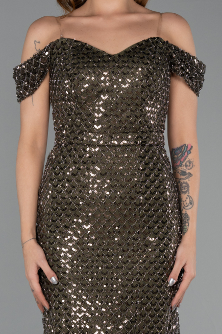 Abendkleid Lang Perlenbesetzt Khaki ABU5401