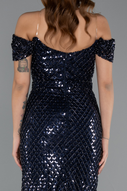 Abendkleid Lang Perlenbesetzt Marineblau ABU5401
