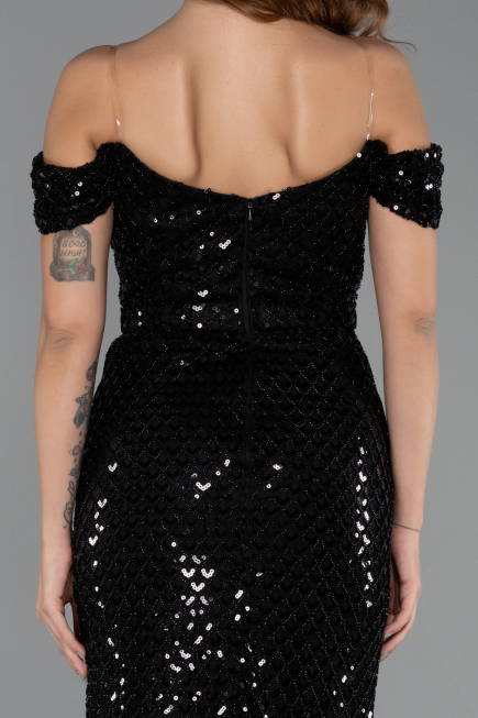 Abendkleid Lang Perlenbesetzt Schwarz ABU5401