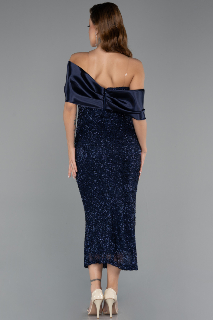Partykleid Midi Perlenbesetzt Marineblau ABK2461