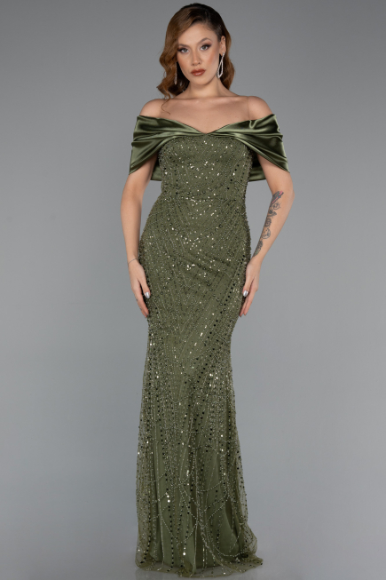Abendkleid Lang Perlenbesetzt Khaki ABU5400