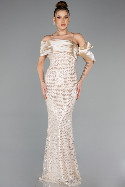 Abendkleid Lang Perlenbesetzt Beige ABU5434