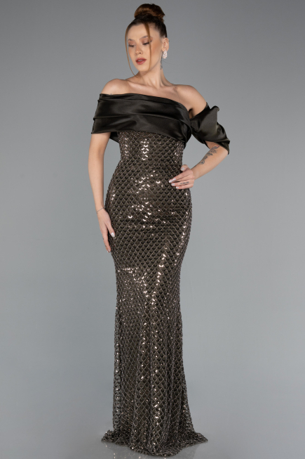Abendkleid Lang Perlenbesetzt Khaki ABU5434