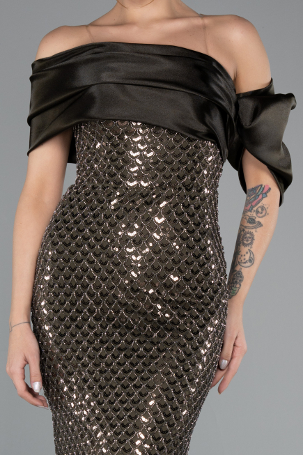 Abendkleid Lang Perlenbesetzt Khaki ABU5434