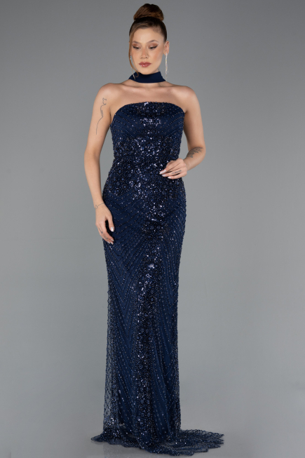 Abendkleid Lang Perlenbesetzt Marineblau ABU5438