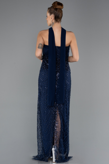 Abendkleid Lang Perlenbesetzt Marineblau ABU5438
