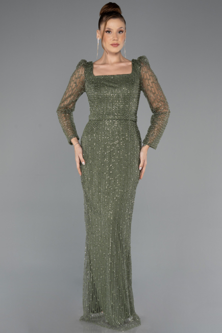 Abendkleid Lang Perlenbesetzt Khaki ABU5431