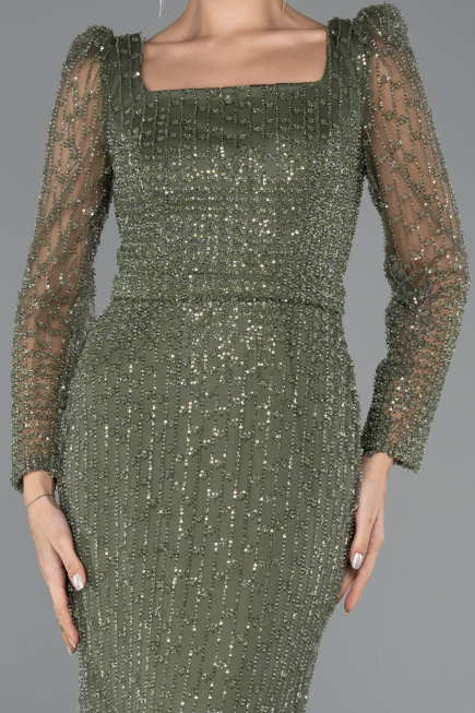 Abendkleid Lang Perlenbesetzt Khaki ABU5431