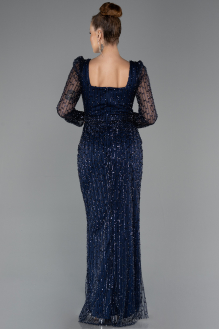 Abendkleid Lang Perlenbesetzt Marineblau ABU5431