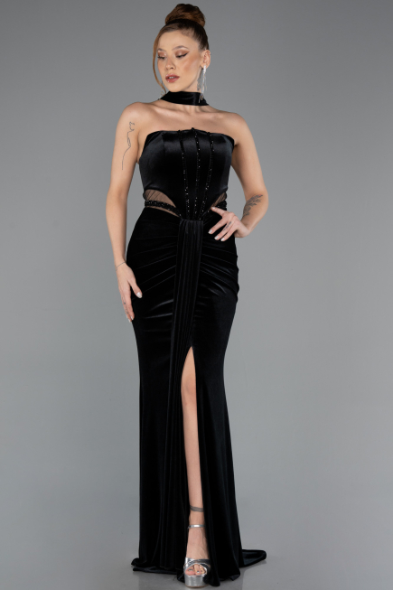 Abendkleid Lang Samt Schwarz ABU5437