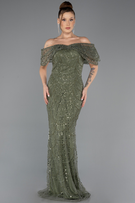 Abendkleid Lang Perlenbesetzt Khaki ABU5371