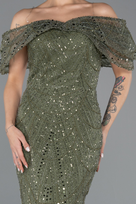 Abendkleid Lang Perlenbesetzt Khaki ABU5371