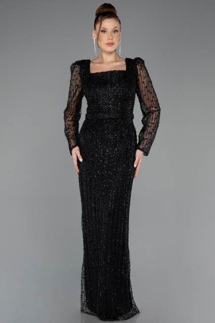 Abendkleid Lang Perlenbesetzt Schwarz ABU5431