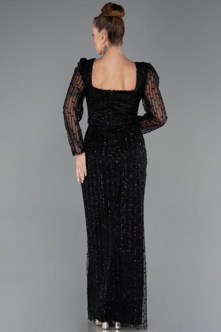 Abendkleid Lang Perlenbesetzt Schwarz ABU5431