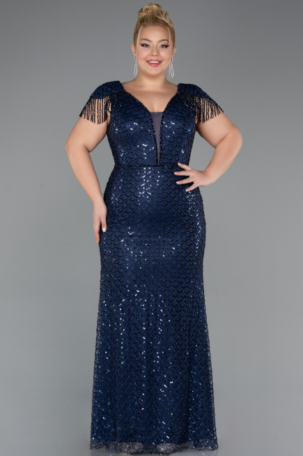 Abendkleid in Übergröße Lang Perlenbesetzt Marineblau ABU5367