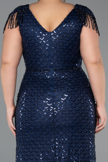 Abendkleid in Übergröße Lang Perlenbesetzt Marineblau ABU5367