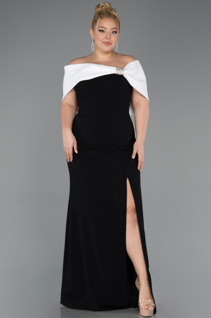 Schwarz-Weiß Abendkleid İn Übergröße Lang ABU3945
