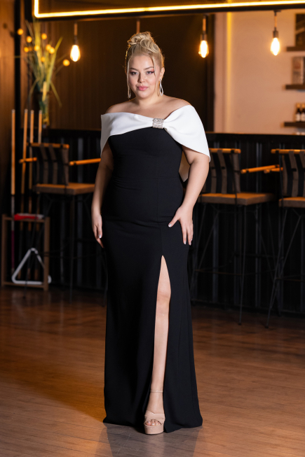 Schwarz-Weiß Abendkleid İn Übergröße Lang ABU3945