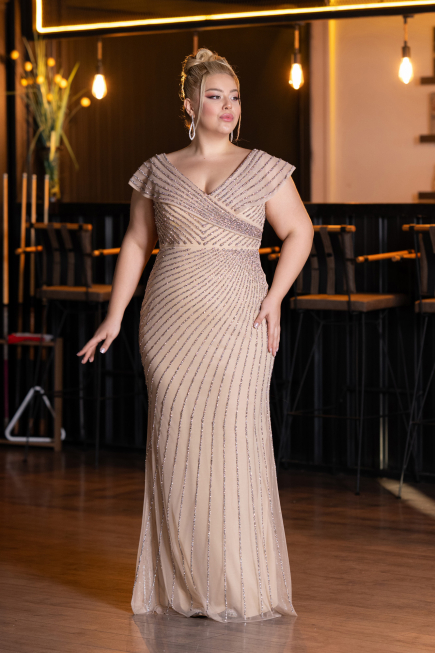Abendgarderobe in Großen Größen Lang Steinbesetzt Beige ABU5439