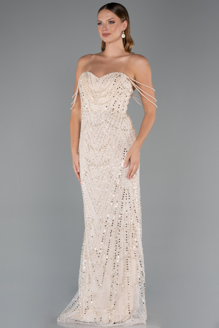 Abendkleid Lang Perlenbesetzt Beige ABU5477