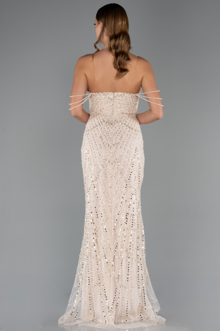 Abendkleid Lang Perlenbesetzt Beige ABU5477