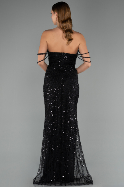 Abendkleid Lang Perlenbesetzt Schwarz ABU5477