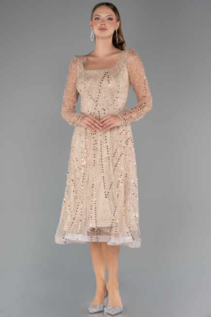 Partykleid Midi Perlenbesetzt Gold ABK2469