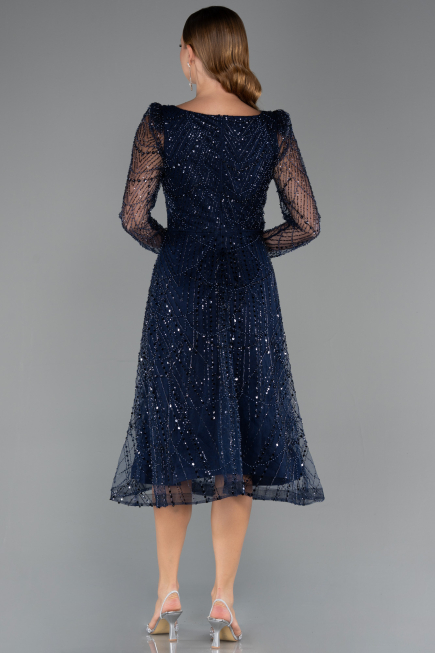 Partykleid Midi Perlenbesetzt Marineblau ABK2469