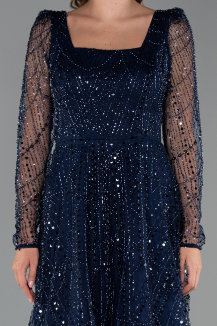 Partykleid Midi Perlenbesetzt Marineblau ABK2469