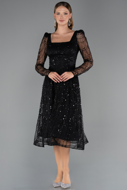 Partykleid Midi Perlenbesetzt Schwarz ABK2469