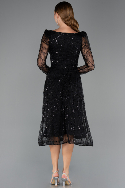 Partykleid Midi Perlenbesetzt Schwarz ABK2469
