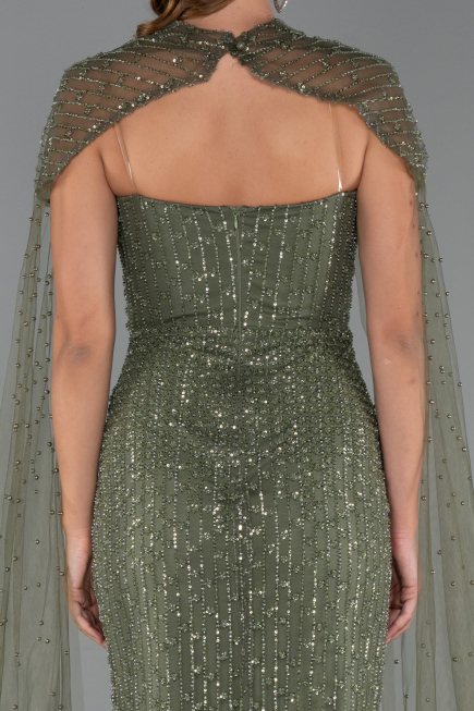 Abendkleid Lang Perlenbesetzt Khaki ABU5483