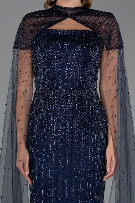 Abendkleid Lang Perlenbesetzt Marineblau ABU5483