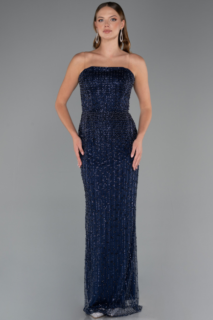 Abendkleid Lang Perlenbesetzt Marineblau ABU5483