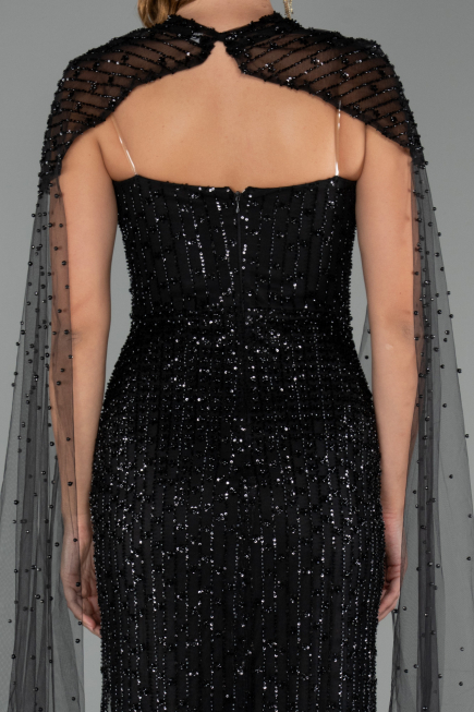 Abendkleid Lang Perlenbesetzt Schwarz ABU5483