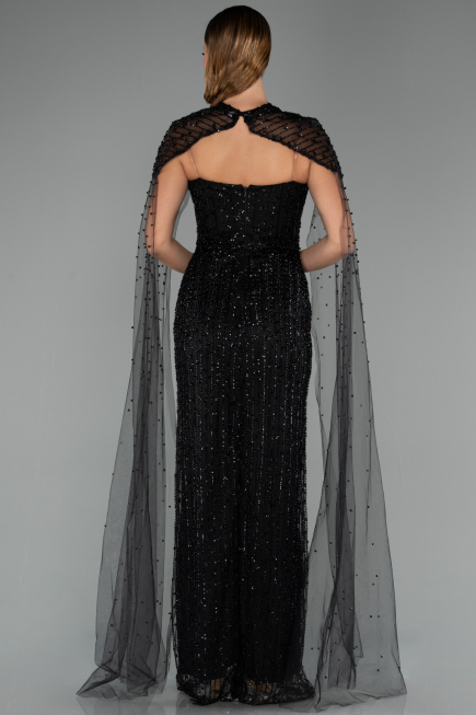 Abendkleid Lang Perlenbesetzt Schwarz ABU5483